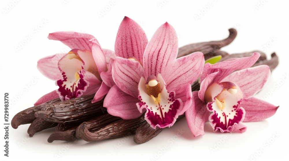 Naklejka premium Captivating vanilla pods and a solitary, elegant orchid flower isolated on a clean white background