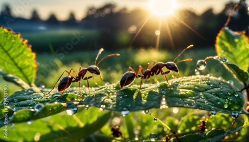 Close-up of ants or ant on a leaf in the wonderful green nature in sunlight on a meadow - ai generated © Christoph Burgstedt