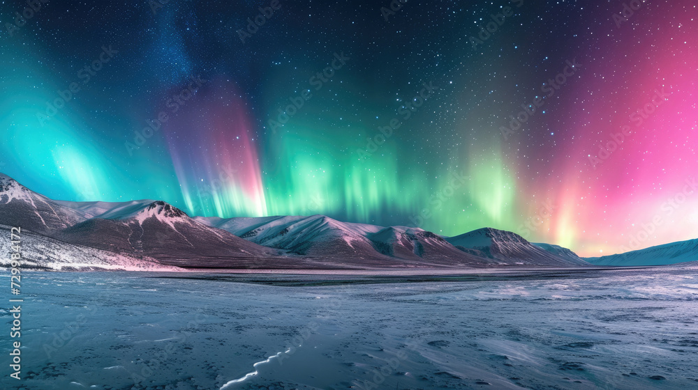 Views of vast snowy mountains under a dazzling display of the Aurora Borealis with a spectrum of brilliant colors