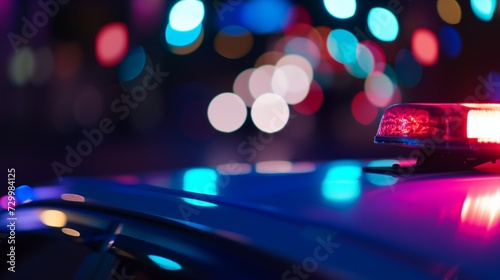 AI generated illustration of a police car lights glowing against the blurry, night city backdrop photo