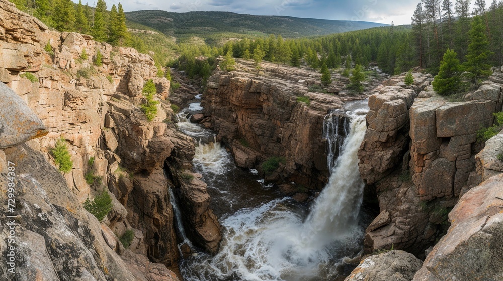 Panoramic view of a waterfall from a high vantage point, background image, generative AI Panoramic view of a waterfall from a high vantage point, background image, generative AI