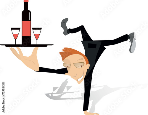Smiling man holding a tray with a bottle and glasses. Cartoon man stays head over heels and holds a tray with a bottle and glasses. Isolated on white background