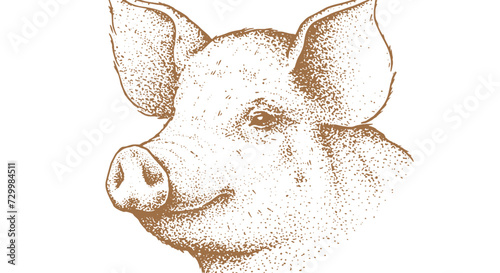 Pork, pig head. Vintage retro print, black white pig sketch ink pencil style drawing, engrave old school. Sketch artwork silhouette head pig, white background. Side view profile. Vector Illustration