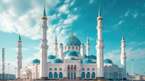 beautiful white mosque with towers in blue sky, in the style of photorealistic details photo