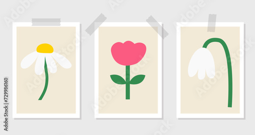 Abstract flower set. Flowers, leaves, plants. Childish simple style. Daisy, tulip, chamomile, lily of the valley. Hand drawn posters. Modern floral elements. Flat design. White background.