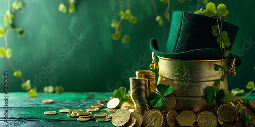 Lucky leprechaun hat on a pot brimful of gold coins, ensconced by clover decorations, evoking the spirit of wealth and fortune for St. Patrick's Day celebrations