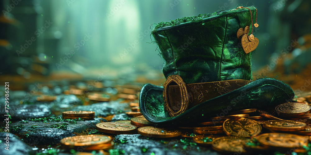 Golden coins shimmer beneath a green leprechaun hat, capturing the enchantment of Irish folklore - obrazy, fototapety, plakaty 