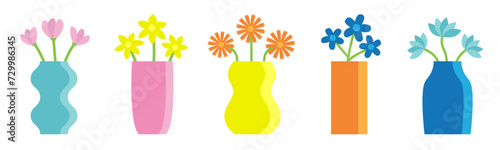 Flower in vase set line. Different flowers. Glass vases. Cute colorful icon collection. Daisy, tulip, gerbera, narcissus. Ceramic Pottery Glass decoration. White background. Flat design.