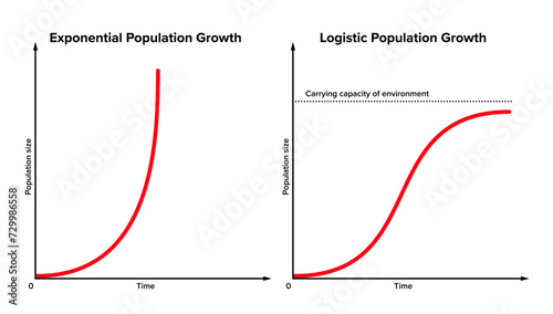 Exponential versus logistic population growth. In reality, initial exponential growth is often not sustained forever. After some period, it will be slowed by external or environmental factors. Vector photo