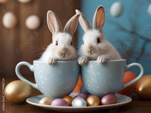 Two white Easter bunnies with coffee cups and Easter eggs. © Natasa