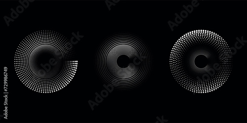 Set of halftone circular dotted frames. Circle dots texture isolated on black background. Spotted spray texture. Circle spiral point sound wave vector logo concept