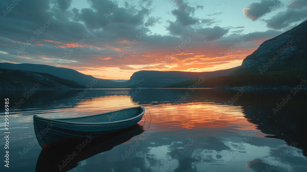 Boats on a calm lake with mountains in the background at dusk Boats on a calm lake with mountains in the background at dusk