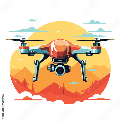 Quadcopter aerial drone with camera cartoon vector illustration.