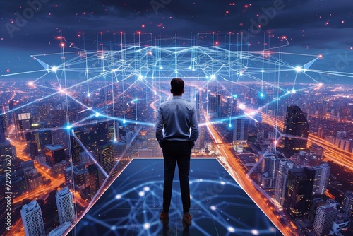 In the backdrop of a futuristic network, a businessman stands poised on a platform, symbolizing the intersection of business and cutting-edge technology.