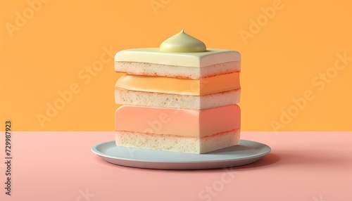  Minimalistic dessert layer cake with a piece of mango and peach on top on a pastel background with geometric shapes and peach fuzz decor color. Concept: advertising of confectionery products 