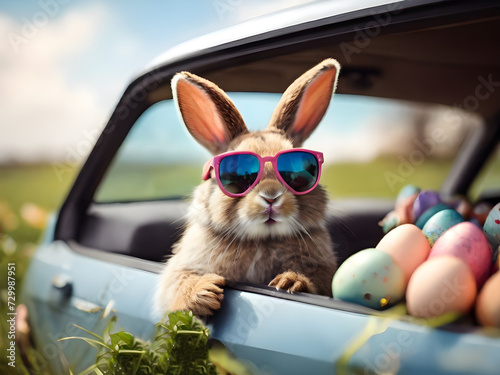 Cute Easter Bunny with sunglasses looking out of a car filed with Easter eggs.
