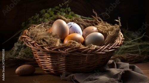 Many fresh organic eggs in a large basket. Neural network AI generated art