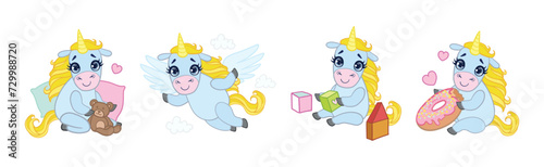 Cute Unicorn Character with Golden Mane and Twisted Horn Vector Set