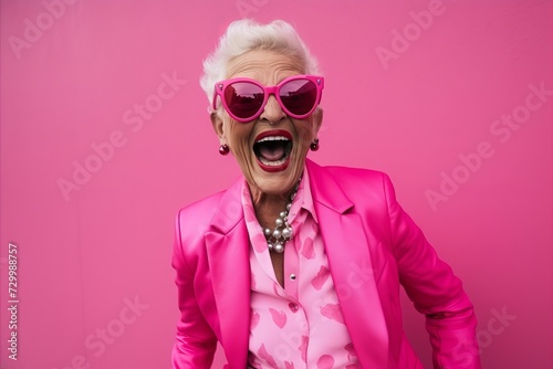 excited senior woman in pink jacket and sunglasses screaming isolated on pink © Inigo