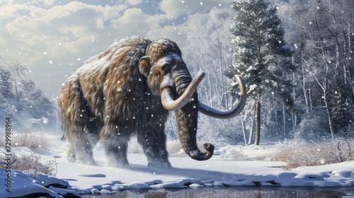 Lonely mammoth in a winter landscape.
