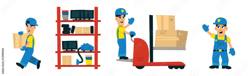 Fototapeta premium Warehouse and Logistic Service with Man Carrier and Cardboard Box Vector Set