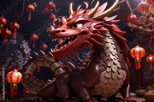 chinese dragon statue at night new years 