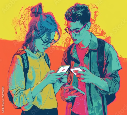 Colorful illustration of a couple of young people  students using phones