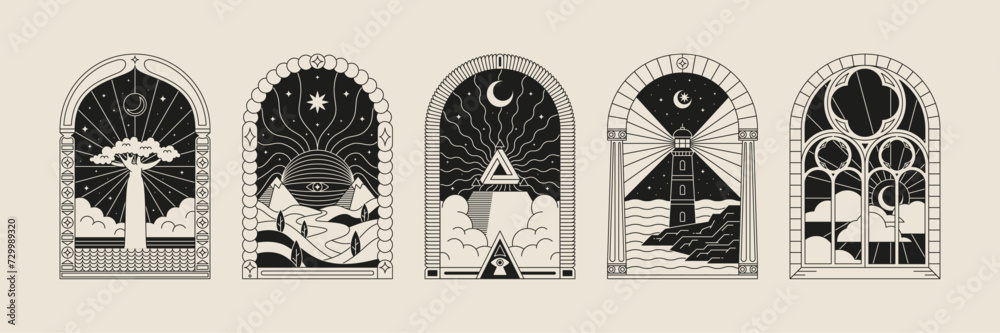 Boho frame arch vector illustration modern minimalistic retro aesthetic linear arc portal logo bohemian design element mystical geometric abstract border Boho frame arch vector illustration modern minimalistic retro aesthetic linear arc portal logo bohemian design element mystical geometric abstract border