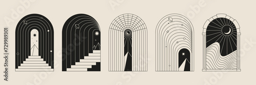 Boho frame arch vector illustration modern minimalistic retro aesthetic linear arc portal logo bohemian design element mystical geometric abstract border