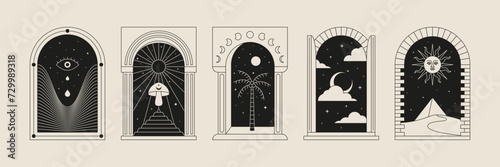 Boho frame arch vector illustration modern minimalistic retro aesthetic linear arc portal logo bohemian design element mystical geometric abstract border