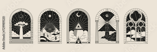 Boho frame arch vector illustration modern minimalistic retro aesthetic linear arc portal logo bohemian design element mystical geometric abstract border