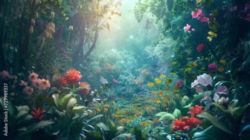 A serene depiction of a lush, fantastical garden filled with vibrant medicinal plants 