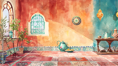 Watercolor Painting: Ancient Small Room with Traditional Windows from the 14th Century photo