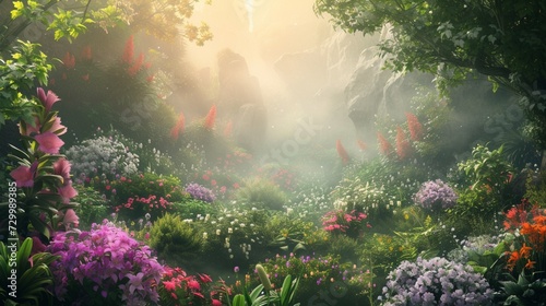 A serene depiction of a lush  fantastical garden filled with vibrant medicinal plants 