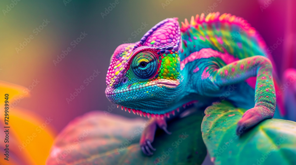 Colored chameleon. Painted animals with colored in their hair and black background. art paints Multi colored colorful on skin body and scales paint. Cute animals concept - obrazy, fototapety, plakaty 
