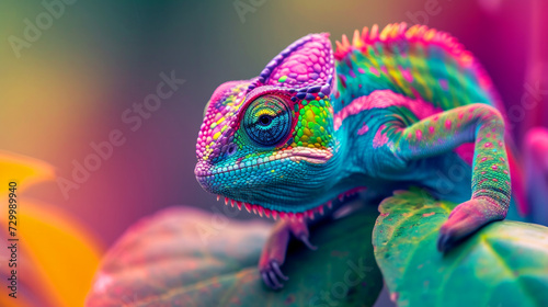 Colored chameleon. Painted animals with colored in their hair and black background. art paints Multi colored colorful on skin body and scales paint. Cute animals concept photo