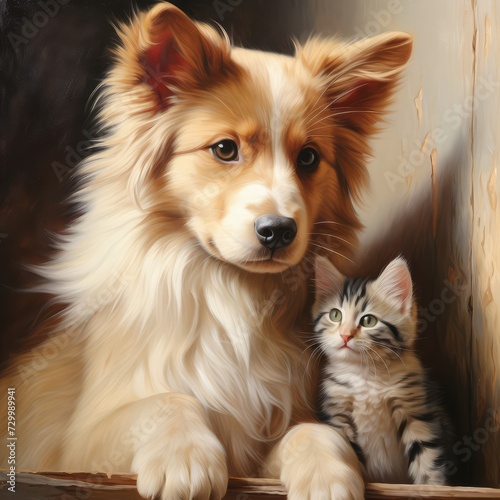 Red Border Collie dog and kitten in a box on a dark background