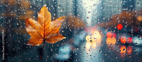 Autumn leaf clinging to a rain-soaked urban window. Indoor view, busy street in backdrop. Capturing autumn atmosphere. Focused perspective.