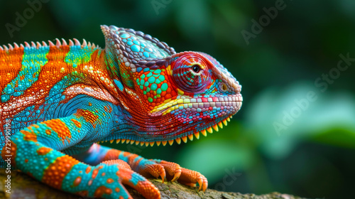 Colored chameleon. Painted animals with colored in their hair and black background. art paints Multi colored colorful on skin body and scales paint. Cute animals concept
