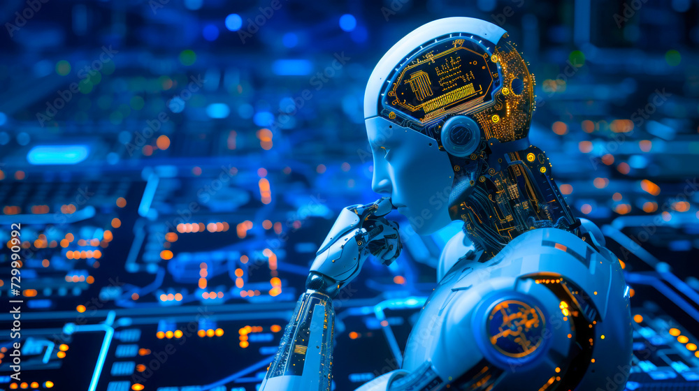 Fototapeta premium In a neon-lit nexus of advanced technology, an intelligent robot adorned with intricate circuits contemplates the vast realm of cybernetics, embodying the fusion of artificial intelligence and digital