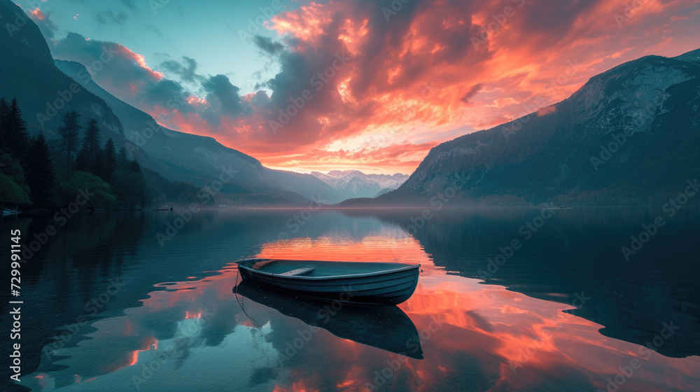 Boats on a calm lake with mountains in the background at dusk - obrazy, fototapety, plakaty 