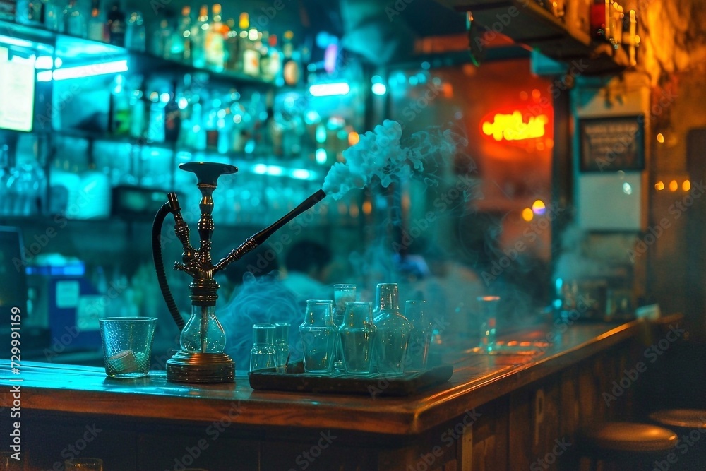 Smoking hookah on the background of a night club bar. Smoking hookah on the background of a night club bar.