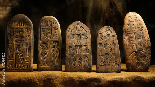 Ancient hieroglyphs and symbols on stone tablets photo