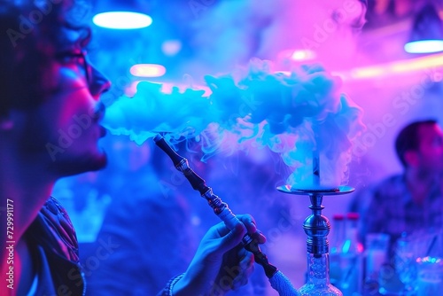 Young man smoking hookah in a nightclub, close-up. photo