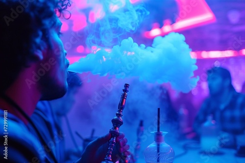 Man smoking hookah in nightclub, close-up of mouthpiece. Colorful smoke on the background.