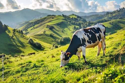 Cows graze on a slope in a mountainous area on a sunny day photo