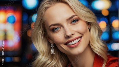 Close-up selfie of a young, attractive white blonde woman smiling brightly in a casino setting, with slot machines glowing in the background. © Tom
