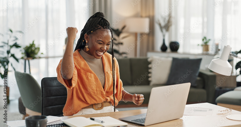 Black woman, achievement in home office and celebration at laptop for remote work, social media or excited blog. Happy girl at desk with computer for winning email, good news and success in freelance Black woman, achievement in home office and celebration at laptop for remote work, social media or excited blog. Happy girl at desk with computer for winning email, good news and success in freelance