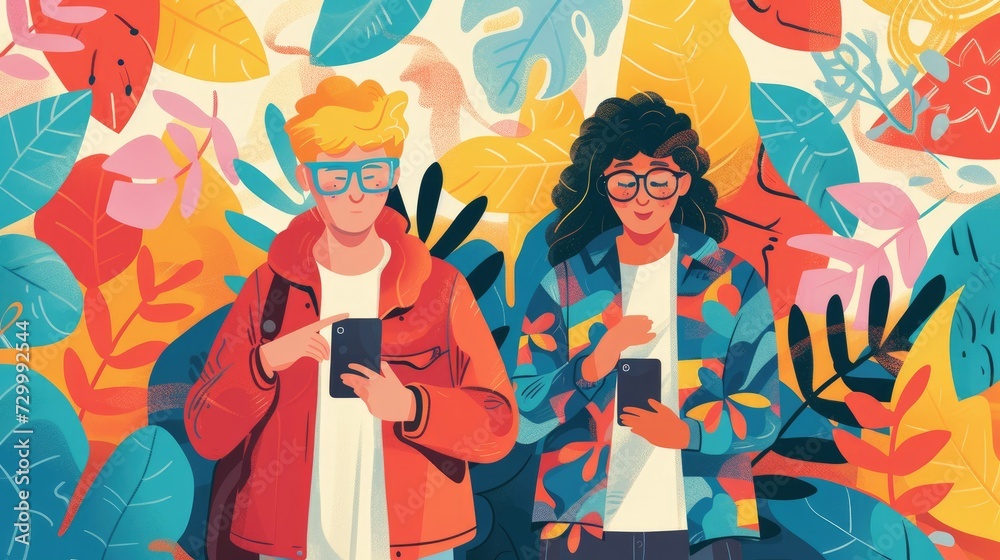 Colorful illustration of a couple of young people, students using phones Colorful illustration of a couple of young people, students using phones