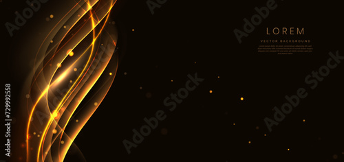 Abstract gold curved lines vertical on black background with lighting effect bokeh and copy space for text.